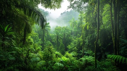 Fototapeta premium A serene rainforest landscape showcases towering trees and thick foliage, enveloped in a mystical layer of mist. This tranquil setting is captured in the early morning light