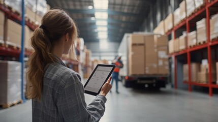 A female manager uses a tablet to oversee logistics operations in a busy warehouse, monitoring the loading of goods and ensuring efficient workflows