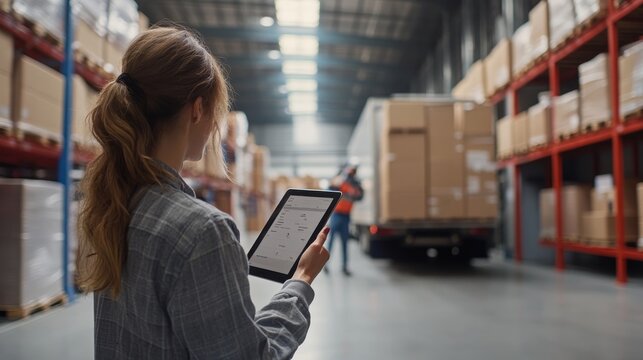 A female manager uses a tablet to oversee logistics operations in a busy warehouse, monitoring the loading of goods and ensuring efficient workflows