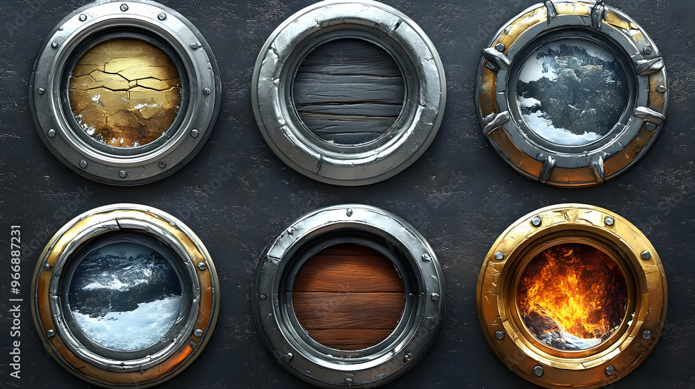 Poster a collection of six circular portholes showcasing different textures and elements.