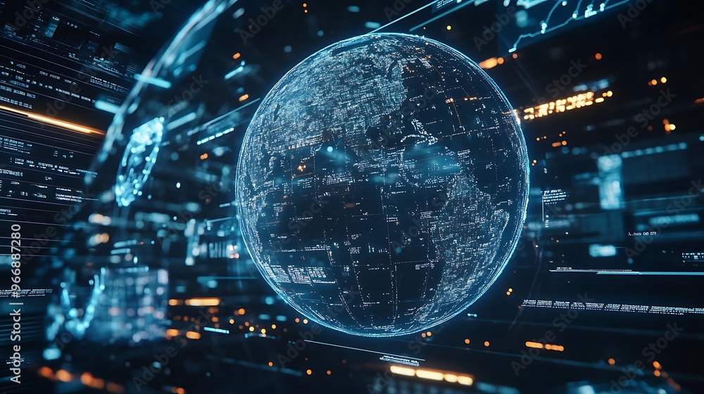 Poster digital globe displayed with blue lines and data