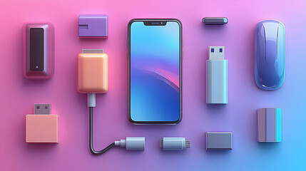 A collection of tech accessories surrounding a smartphone on a colorful background.