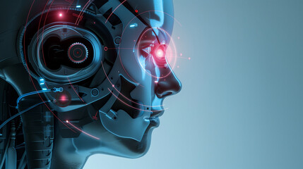 Side profile of a humanoid robot with glowing red eye and intricate mechanical details