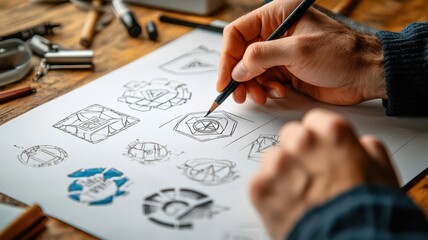 Close-up of hands sketching logo variations on a piece of paper, Logo Design, Exploring different brand logo options