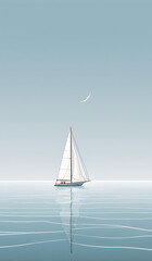A minimal illustration of a simple sailboat on a calm sea, with a few waves and a clear sky. The sailboat is depicted with basic lines, emphasizing tranquility and simplicity