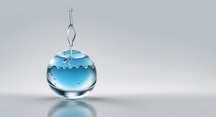 A minimal illustration of a single droplet of water hanging at the edge of a leaf, with a clean, reflective surface. The background is simple, highlighting the elegance of the water droplet.