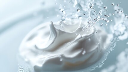 Close-up of a foam cleanser with water droplets splashing, creating a refreshing and lively feel, no branding visible, focus on the product, no people.