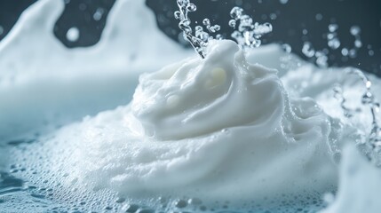Close-up of a foam cleanser with water splashing, emphasizing hydration and cleanliness, no branding, focused on the product, no people.