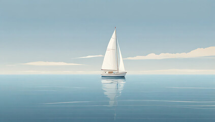 Obraz premium A minimal illustration of a simple sailboat on a calm sea, with a few waves and a clear sky. The sailboat is depicted with basic lines, emphasizing tranquility and simplicity