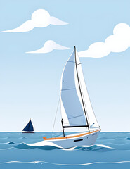 Fototapeta premium A minimal illustration of a simple sailboat on a calm sea, with a few waves and a clear sky. The sailboat is depicted with basic lines, emphasizing tranquility and simplicity
