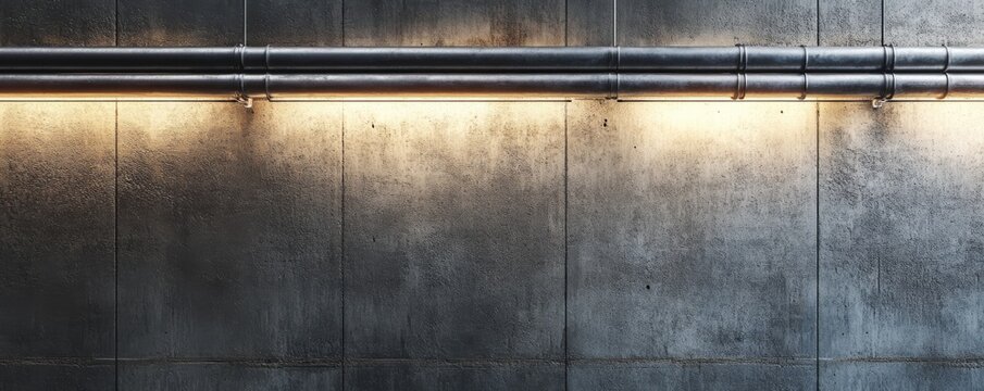 Industrial concrete wall with metal pipes, ambient lighting effect. Urban architecture and design concept