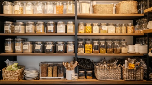 This pantry features shelves meticulously arranged with labeled jars, containers, and baskets, highlighting an efficient organization system for various food items and kitchen essentials