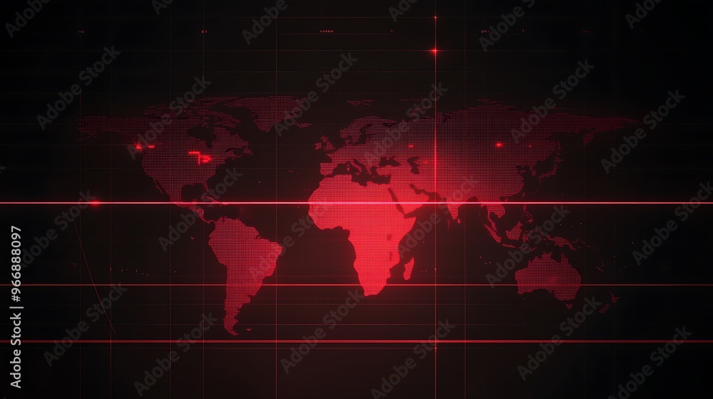 Poster Red World Map on Dark Background with Grid and Laser Lines