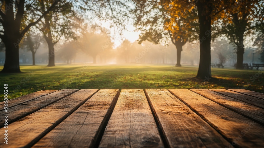 Aufkleber a wooden table sits in the foreground as fog envelops a park during the evening. sunlight filters th