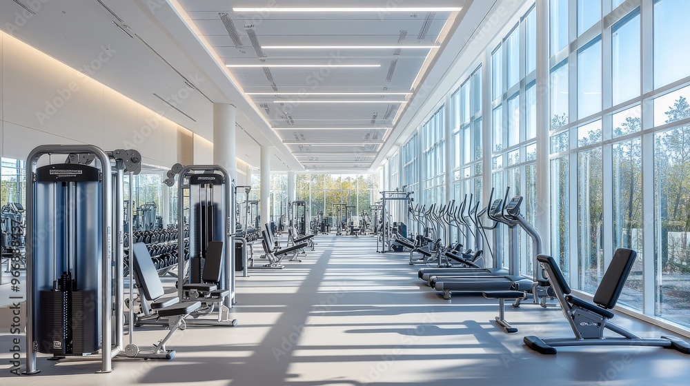 Poster an expansive gym with ample natural light showcases various modern exercise machines lined up in org