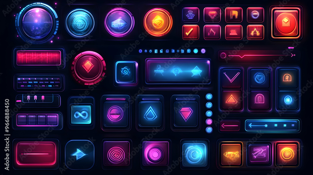 Poster a collection of vibrant, futuristic ui buttons and icons for digital interfaces.