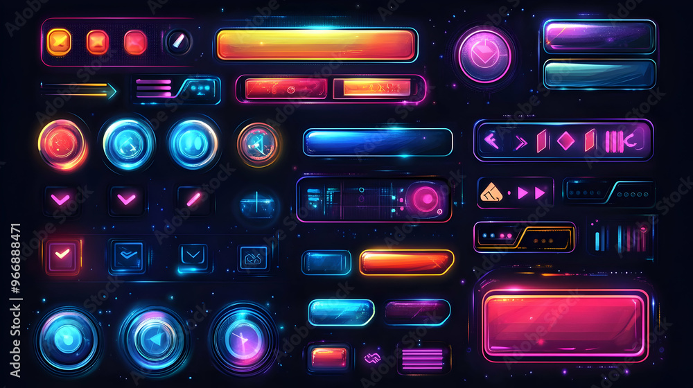 Poster a collection of vibrant, futuristic ui elements for digital interfaces.