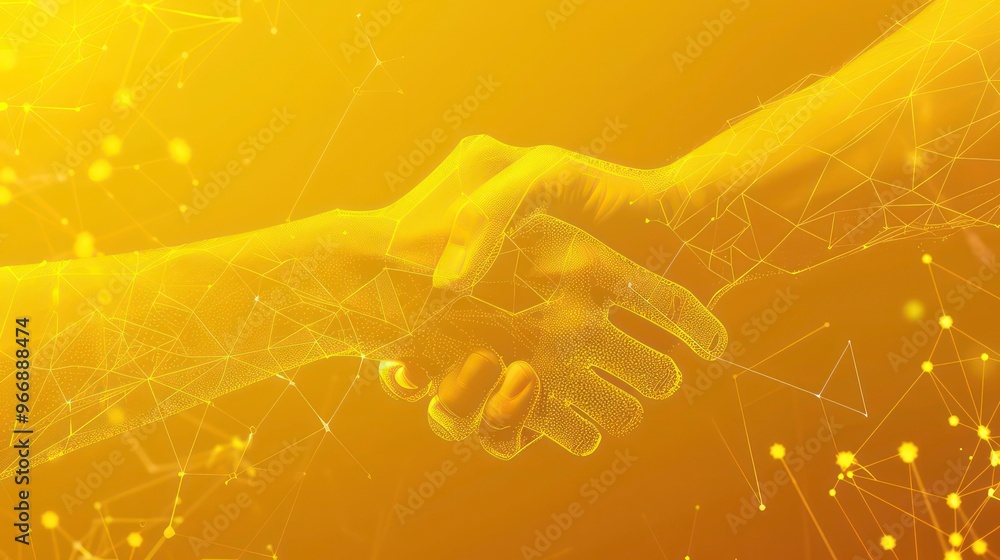 Poster two hands shaking in a futuristic, abstract, glowing yellow background with a network of lines conne