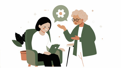 Heartwarming illustration of an elderly woman advising a young woman in a cozy setting