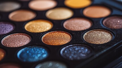 Close-up of a luxurious eyeshadow palette with metallic details, no branding, focused on the rich color range, no people.