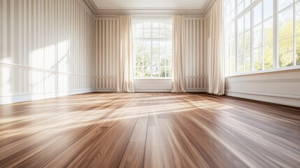 A spacious living room showcases vintage oak flooring and striped vinyl wallpaper, drenched in natural light from large windows, creating a warm, inviting ambiance