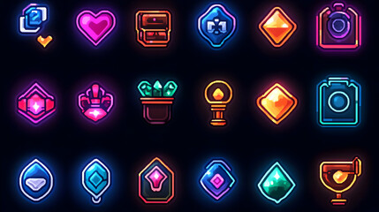 A collection of vibrant, glowing icons representing various items and achievements.