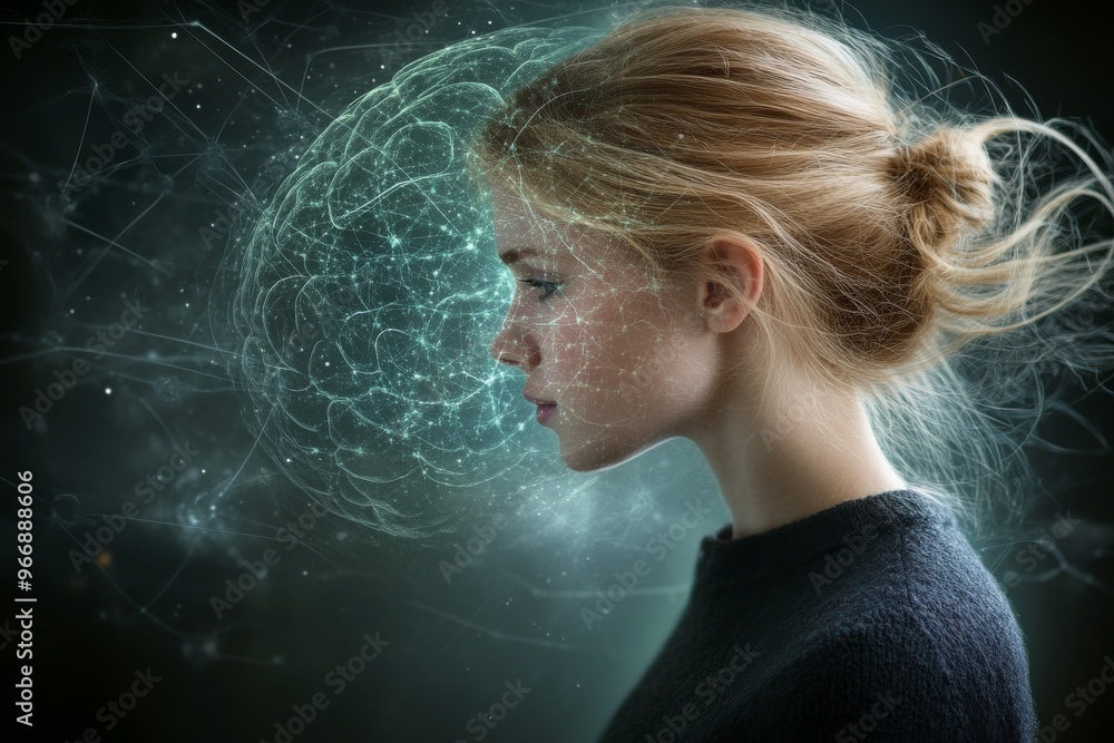 Aufkleber cortical synapses cortical circuits and cerebral lateralization woman looking at abstract brain visu