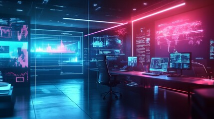 A vibrant open office space features neon cyberpunk colors and digital overlays of data analytics, conveying a high-tech atmosphere ideal for innovation and collaboration