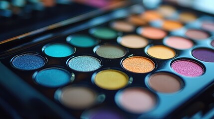 Naklejka premium Close-up of a multicolored eyeshadow palette, no logo, focus on the gradient shades, no people, blurred background.