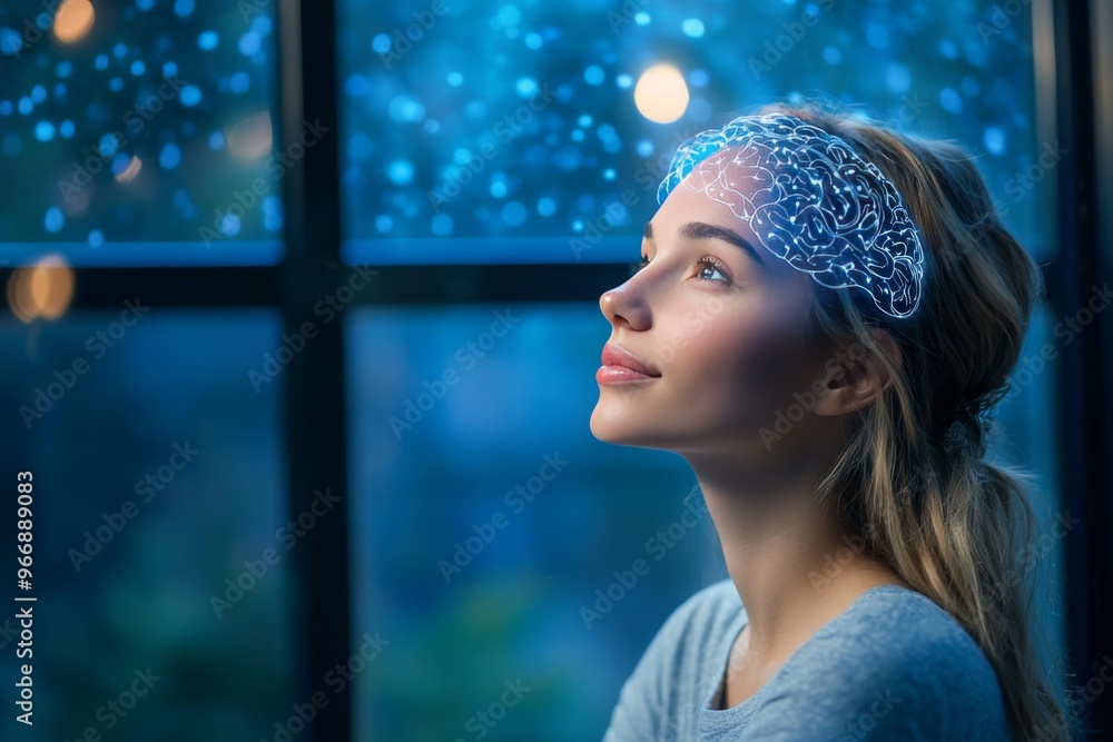 Poster neuroanatomy subcortical structures and synaptic response woman by the window with glowing brain map