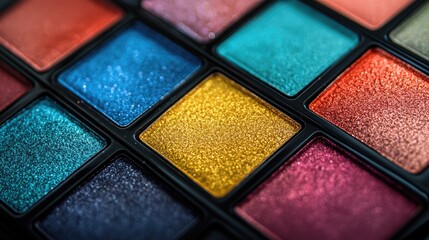 Close-up of a vibrant eyeshadow palette with metallic finish, no logo, focus on the pigment intensity, no people.