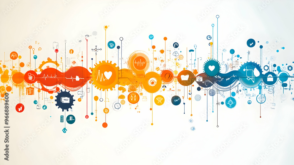 Aufkleber a colorful graphic design featuring various health and technology icons in a wave pattern.