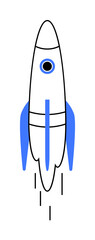 A rocket ship with a blue and white design shown from a front view. The theme is about launching, technology, innovation, startup ideas, and aerospace in vector format.