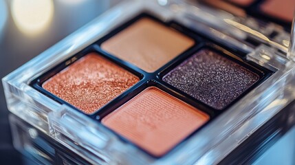 Close-up of an eyeshadow quad in a clear plastic package, no logo, focused on the contrasting hues, no people.