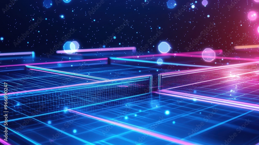 Poster neon grid background with glowing lines and bokeh lights