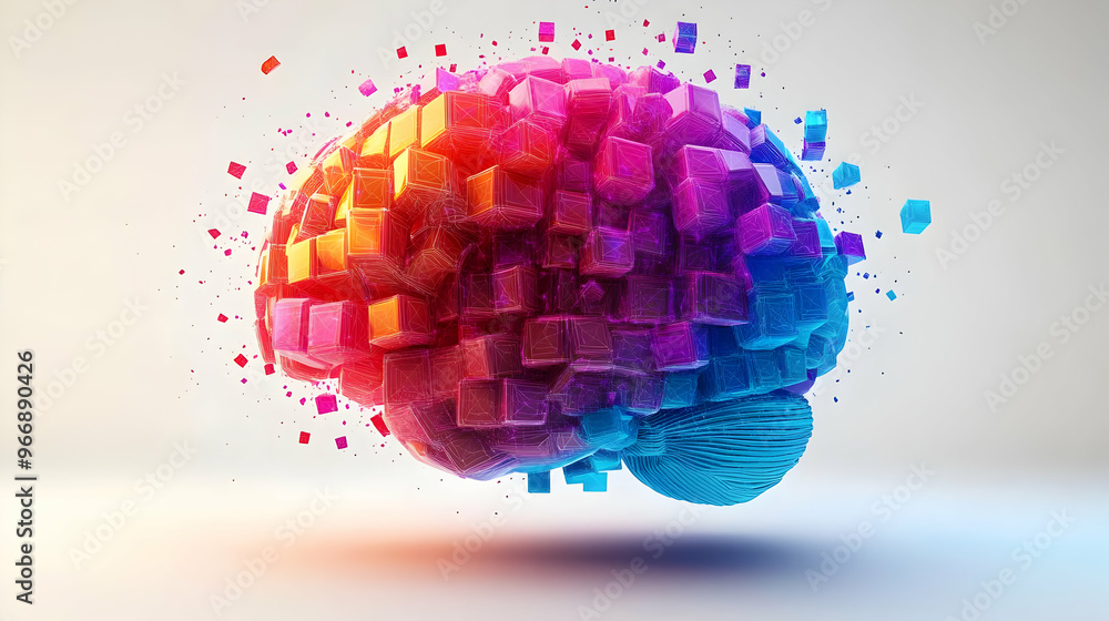 Poster a colorful, abstract representation of a brain made of cubes, symbolizing creativity and thought.
