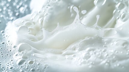 Close-up of foam cleanser with water droplets in motion, capturing freshness, no logo, focal point clearly on the product, no people.