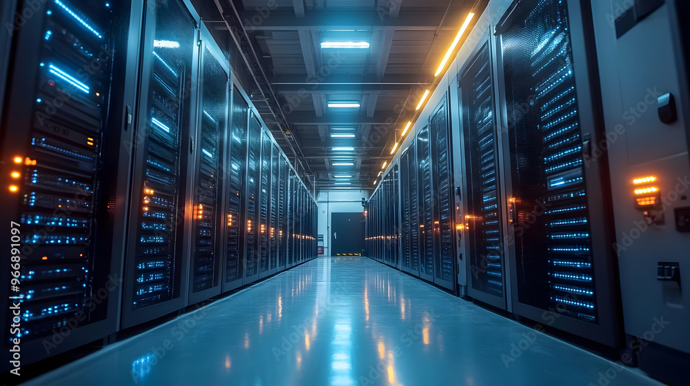 Aufkleber a corridor lined with server racks in a data center, showcasing technology infrastructure.