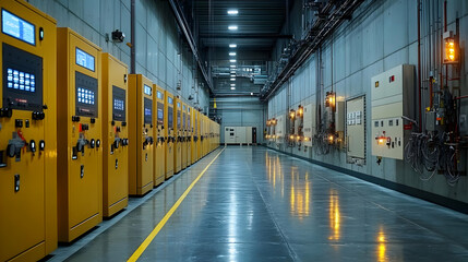 Obraz premium A corridor in an industrial facility featuring control panels and lighting.