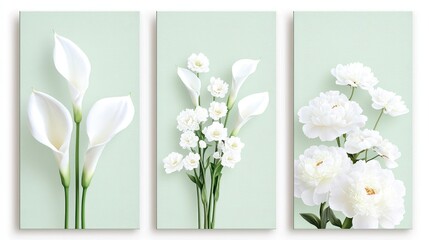White Flower Triptych Wall Art   Calla Lilies  Peonies  and Spring Flowers on Green Canvas