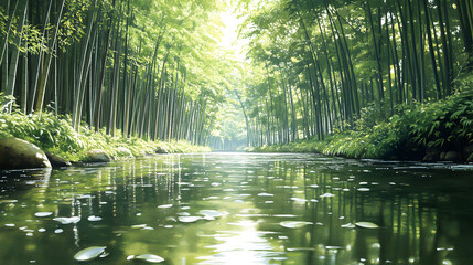 Obraz premium Japanese ancient river with bamboo trees forest in autumn