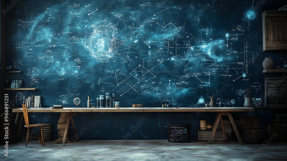 Poster a cosmic-themed workspace with a chalkboard filled with astronomical diagrams and notes.