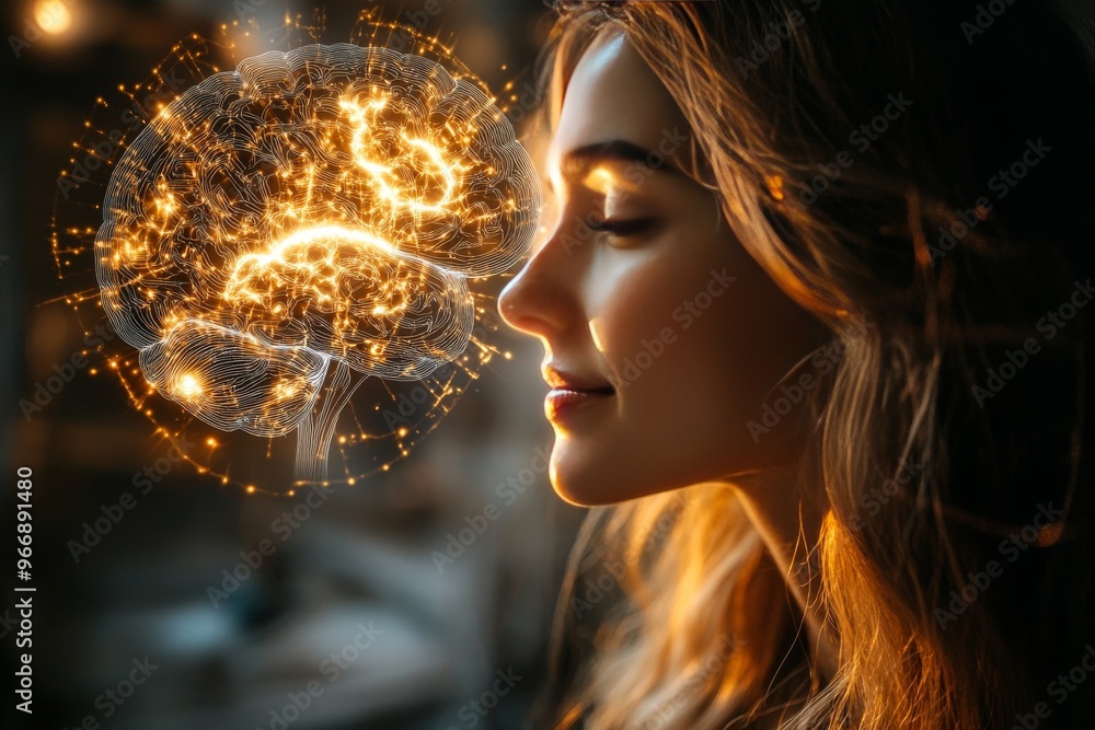 Poster neurogenesis synaptic efficiency and brain entrainment side view of a woman with glowing neural visu