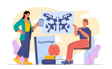 Psychological test concept. Patient at psychologists appointment looks at abstract spot and Rorschach test. Mental and psychological health. Flat vector illustration