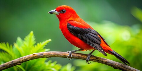 Fototapeta premium A scarlet tanager, its fiery feathers glistening in the sun, sat regally on a branch heavy with leafy