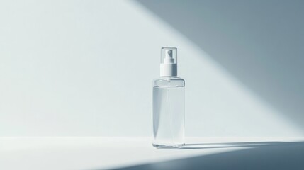 Cosmetic spray bottle with clear, minimalist design, no branding, centered focus on the product, no people in view.