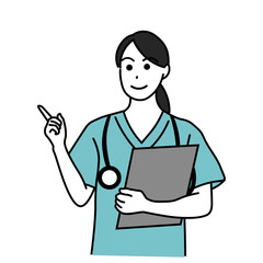 笑顔で指差しする看護師の女性のイラスト