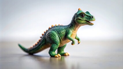 Fototapeta premium Small dinosaur figurine on white tabletop Macro