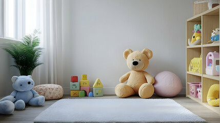 A cozy children's playroom with toys and plush animals.