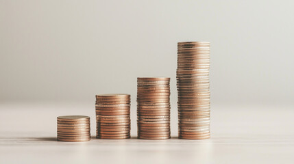 Stacks of coins gradually increasing in height, arranged neatly from smallest to largest, on a clean, neutral background. photo